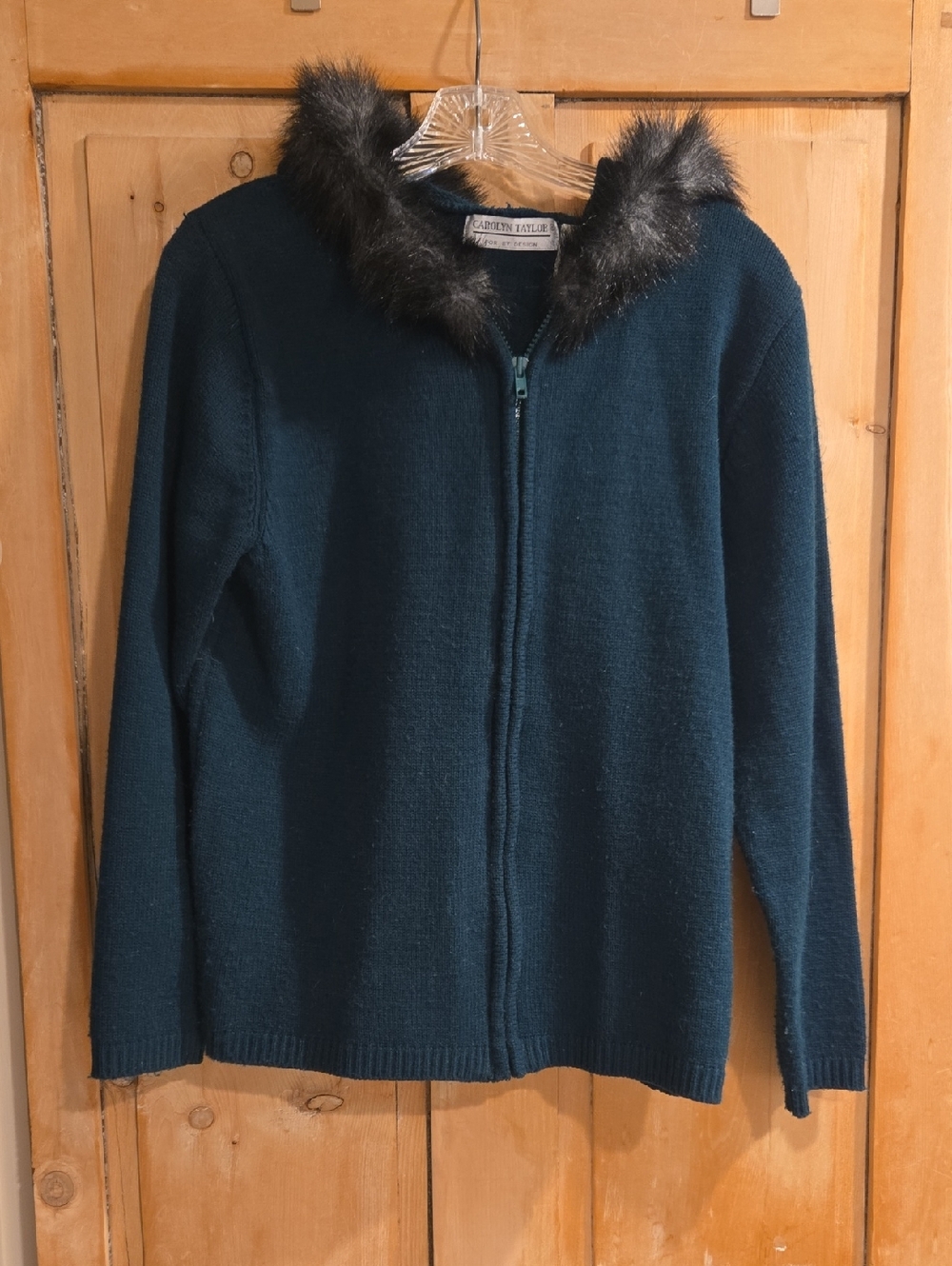 Carolyn Taylor Green Knit Sweater/Hoodie with Faux Fur Trim